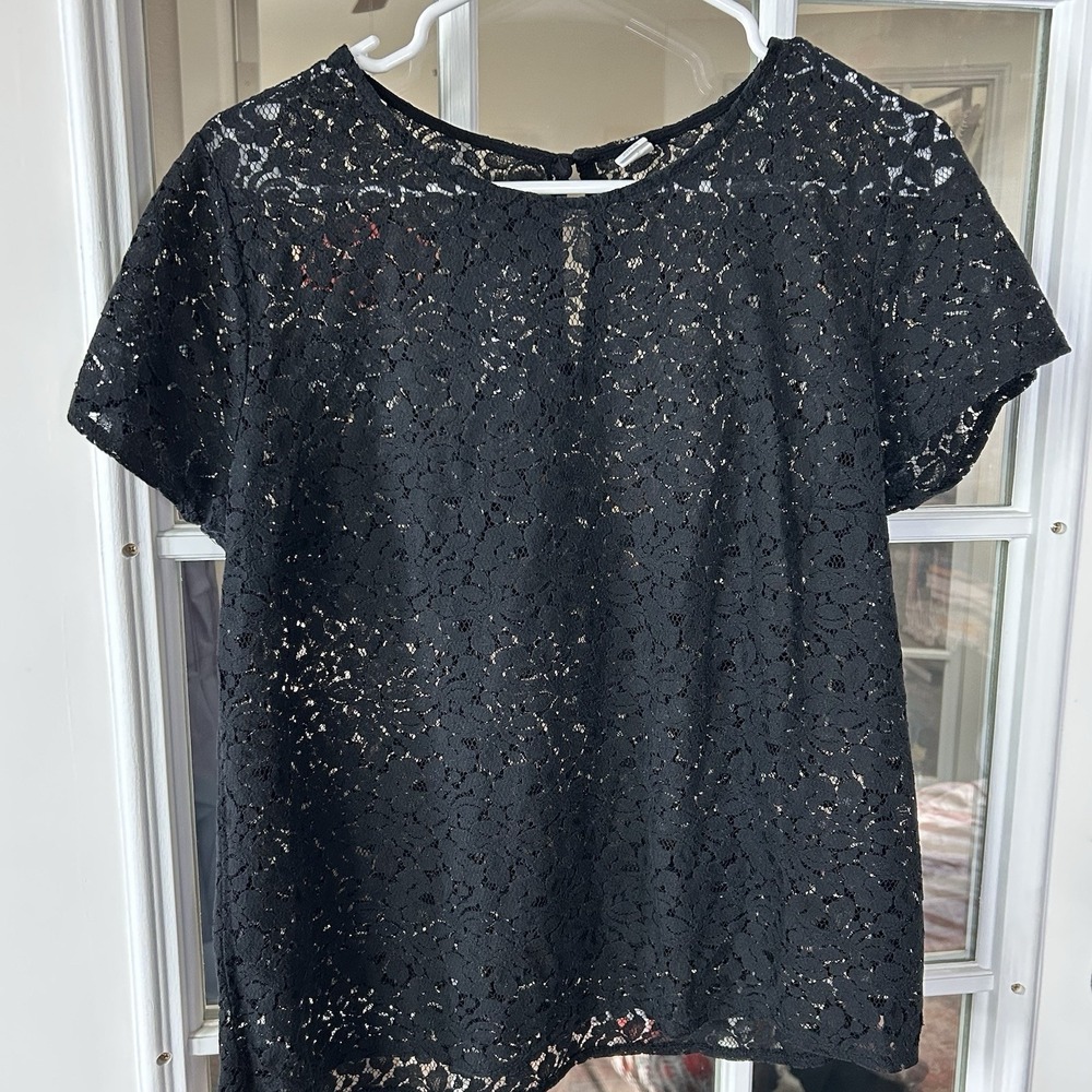 Old Navy Black Lace Overlay Short Sleeve Blouse Dark Academia Coquette Large